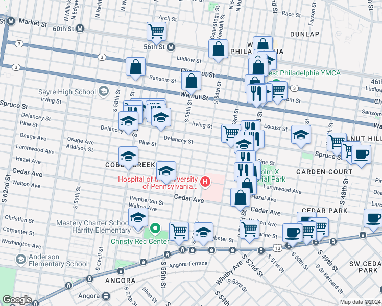 map of restaurants, bars, coffee shops, grocery stores, and more near 5428 Pine Street in Philadelphia