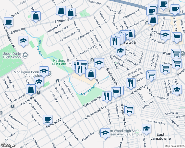 map of restaurants, bars, coffee shops, grocery stores, and more near 356 Beverly Boulevard in Delaware County