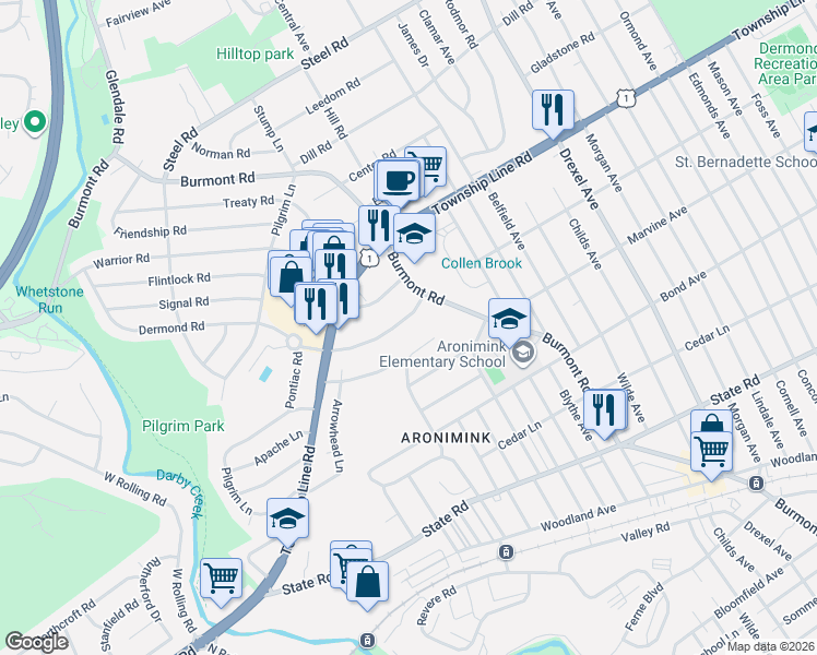 map of restaurants, bars, coffee shops, grocery stores, and more near 5016 Dermond Road in Drexel Hill