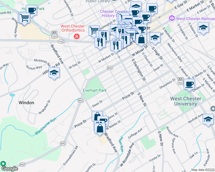 map of restaurants, bars, coffee shops, grocery stores, and more near 429 West Union Street in West Chester