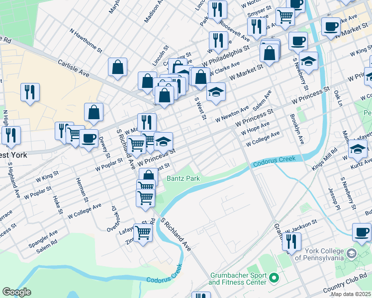 map of restaurants, bars, coffee shops, grocery stores, and more near 728 West Princess Street in York