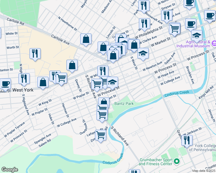map of restaurants, bars, coffee shops, grocery stores, and more near 806 School Place in York