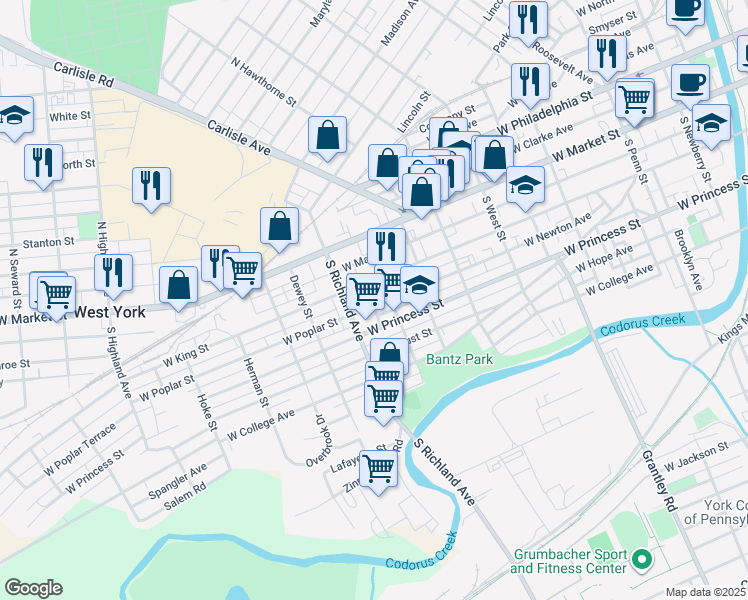 map of restaurants, bars, coffee shops, grocery stores, and more near 915 West Poplar Street in York