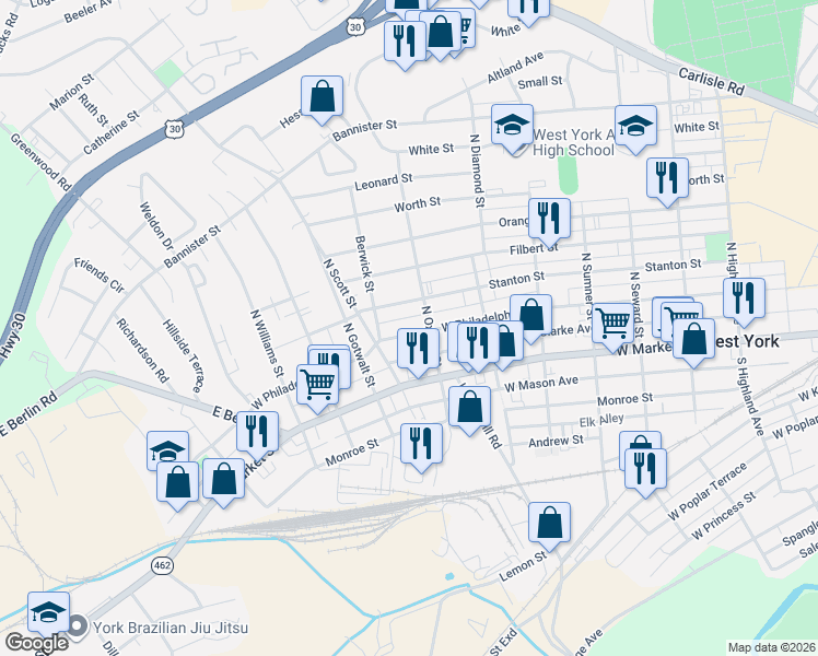 map of restaurants, bars, coffee shops, grocery stores, and more near 2003 West Philadelphia Street in York