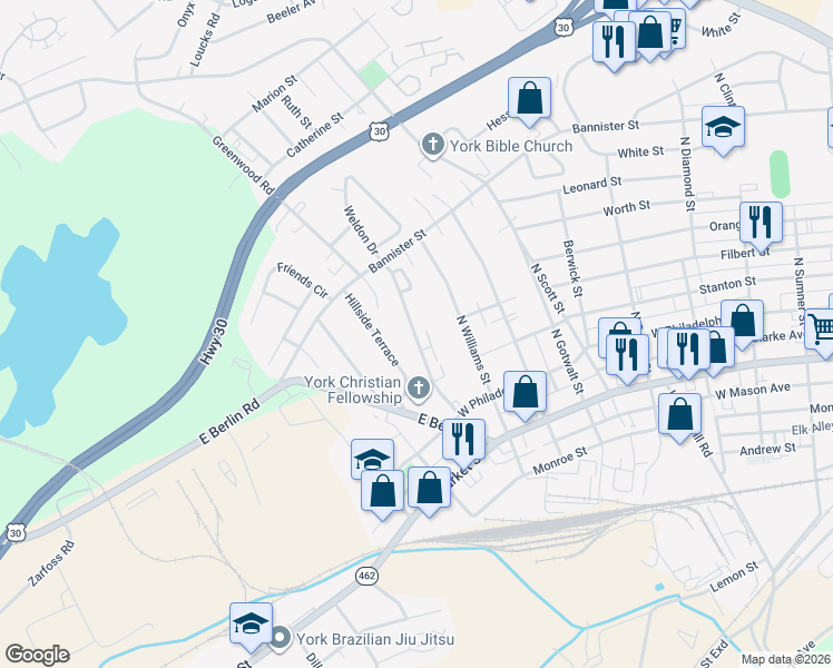 map of restaurants, bars, coffee shops, grocery stores, and more near 164 Weldon Drive in York