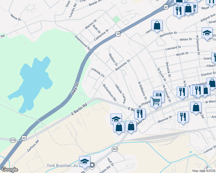 map of restaurants, bars, coffee shops, grocery stores, and more near 460 Richardson Road in York