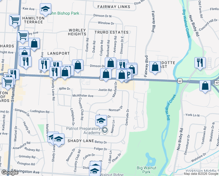 map of restaurants, bars, coffee shops, grocery stores, and more near 5030 Justin Road in Columbus
