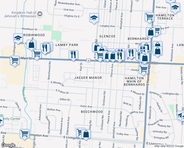 map of restaurants, bars, coffee shops, grocery stores, and more near 985 South Yearling Road in Columbus