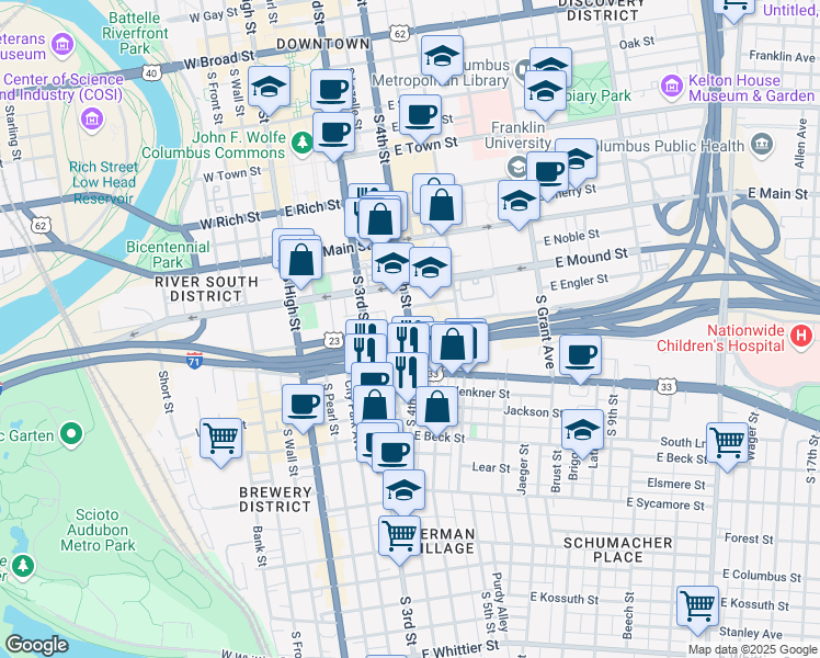 map of restaurants, bars, coffee shops, grocery stores, and more near 150 E Fulton St in Columbus