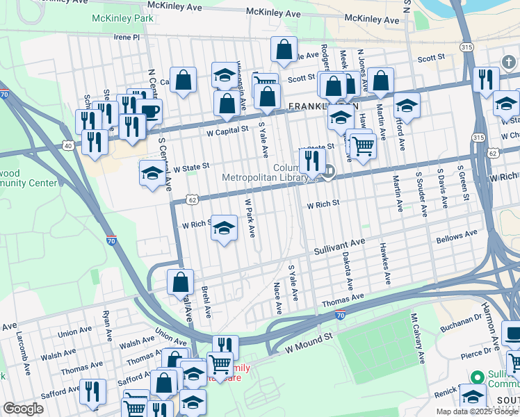map of restaurants, bars, coffee shops, grocery stores, and more near 203 West Park Avenue in Columbus