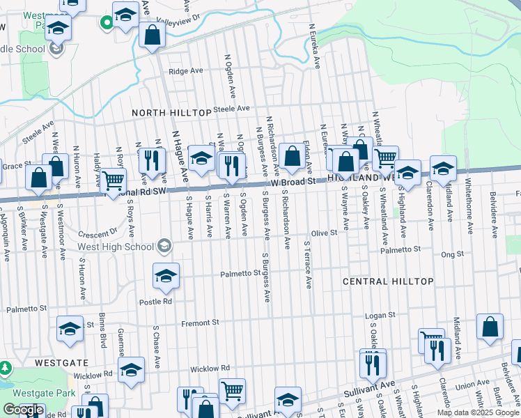 map of restaurants, bars, coffee shops, grocery stores, and more near 48 1/2 South Ogden Avenue in Columbus
