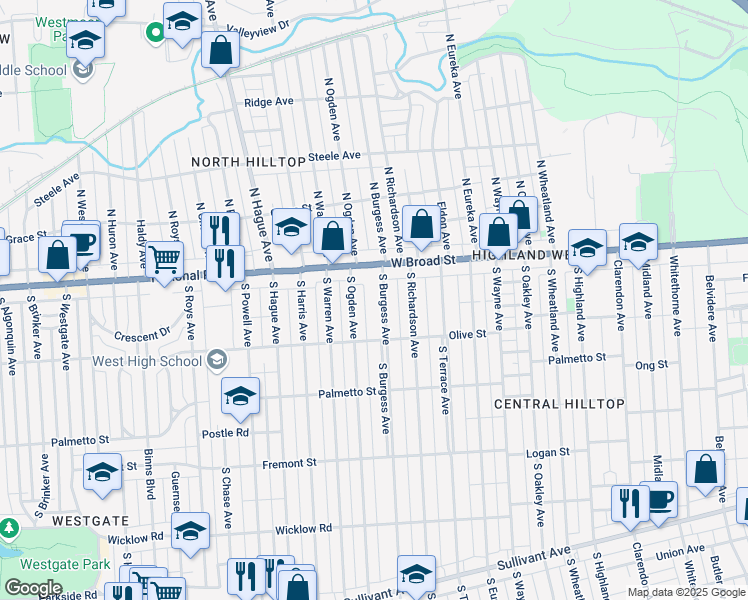 map of restaurants, bars, coffee shops, grocery stores, and more near 48 1/2 South Ogden Avenue in Columbus