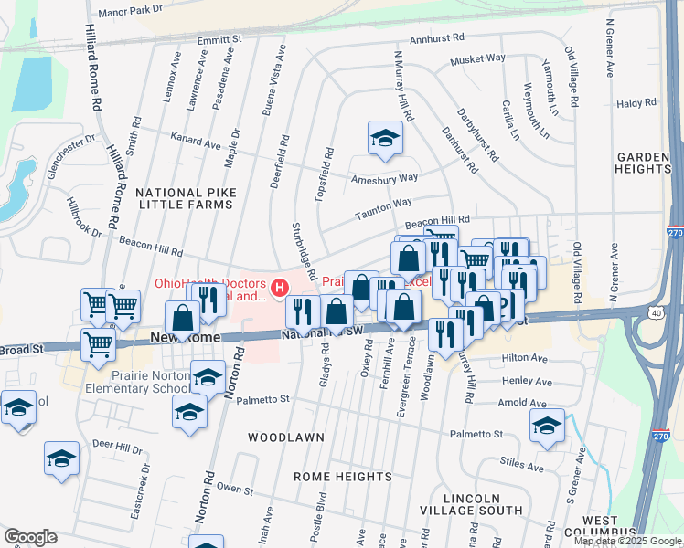 map of restaurants, bars, coffee shops, grocery stores, and more near 4979 Eastham Way in Columbus