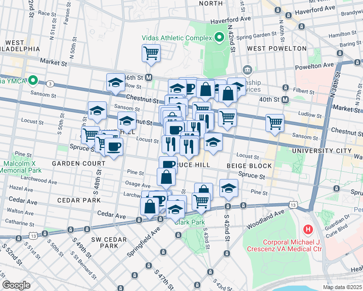 map of restaurants, bars, coffee shops, grocery stores, and more near Locust St & Buckingham Pl in Philadelphia