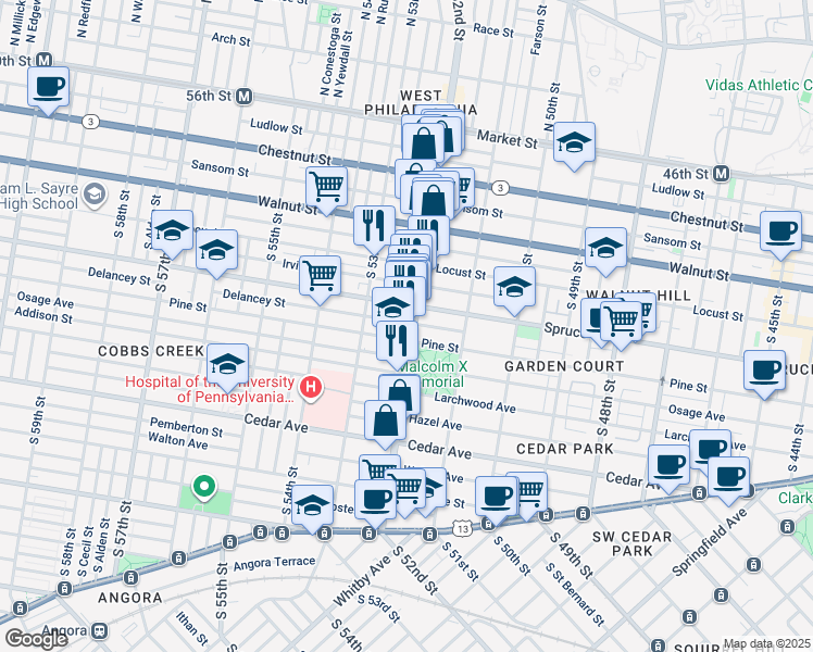 map of restaurants, bars, coffee shops, grocery stores, and more near 318 South 52nd Street in Philadelphia
