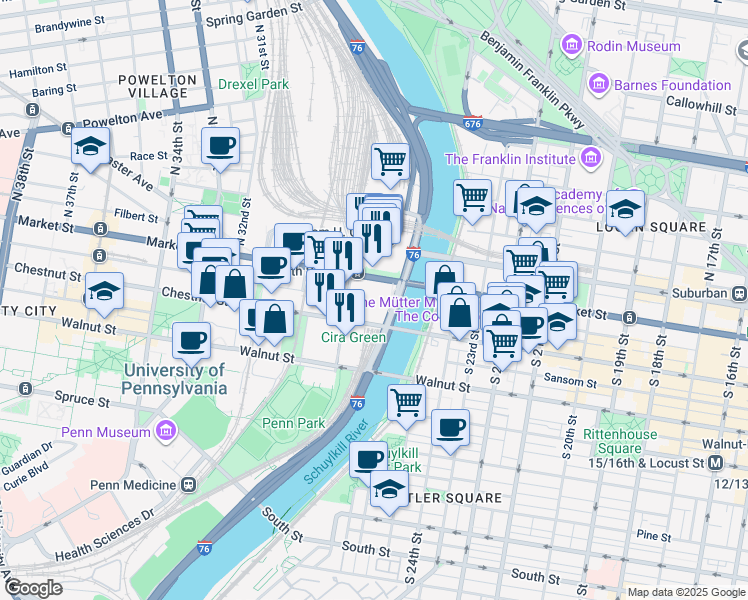 map of restaurants, bars, coffee shops, grocery stores, and more near 2970 Market Street in Philadelphia