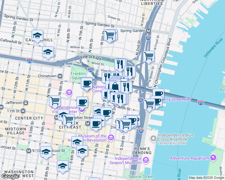 map of restaurants, bars, coffee shops, grocery stores, and more near 312 Race Street in Philadelphia