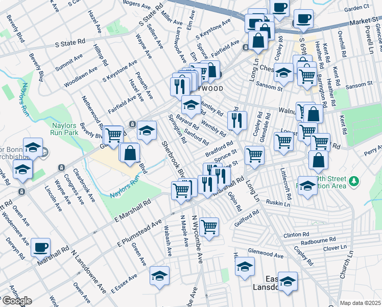 map of restaurants, bars, coffee shops, grocery stores, and more near 222 Springton Road in Upper Darby