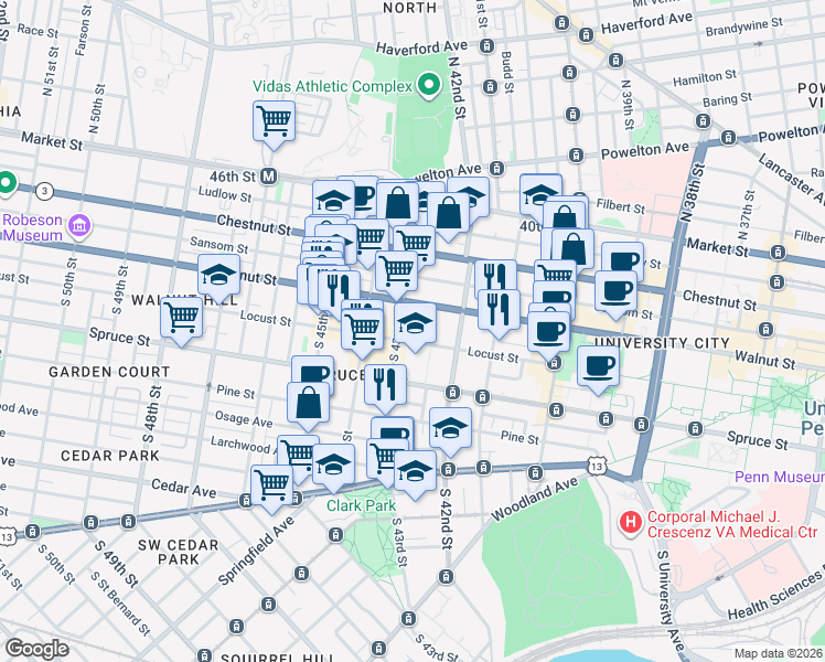 map of restaurants, bars, coffee shops, grocery stores, and more near 4247 Locust Street in Philadelphia