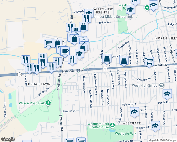 map of restaurants, bars, coffee shops, grocery stores, and more near 3341 W Broad St in Columbus