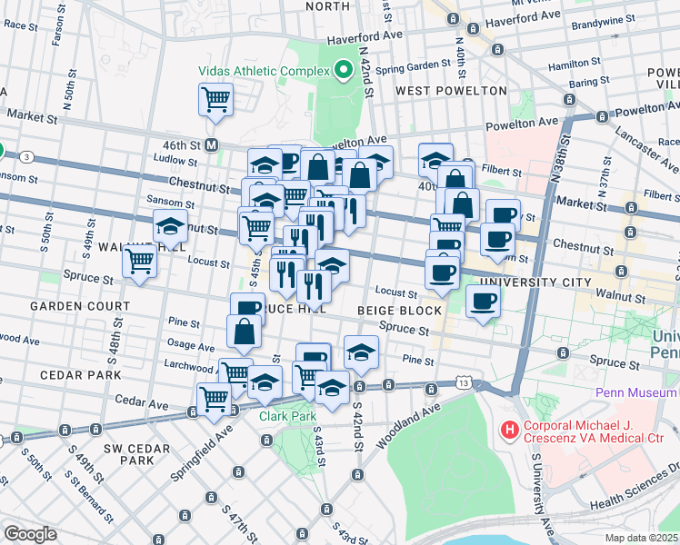 map of restaurants, bars, coffee shops, grocery stores, and more near 212 Saint Marks Square in Philadelphia