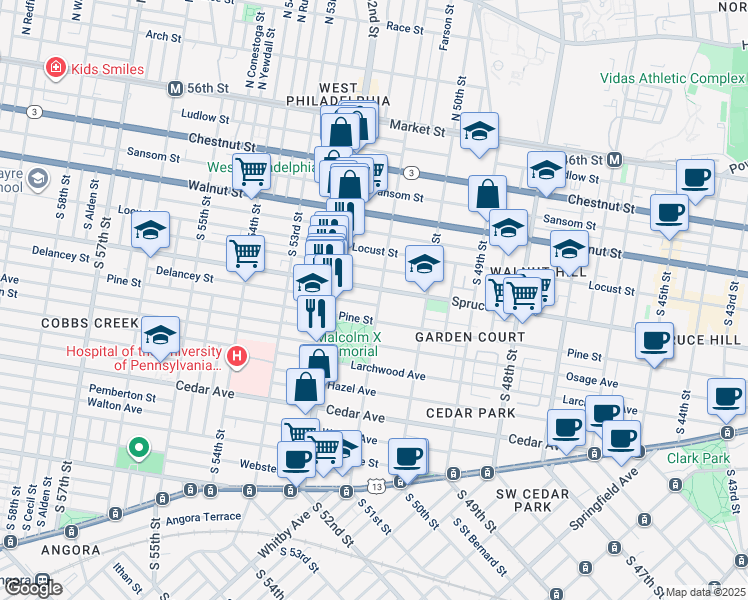 map of restaurants, bars, coffee shops, grocery stores, and more near 306 South 51st Street in Philadelphia