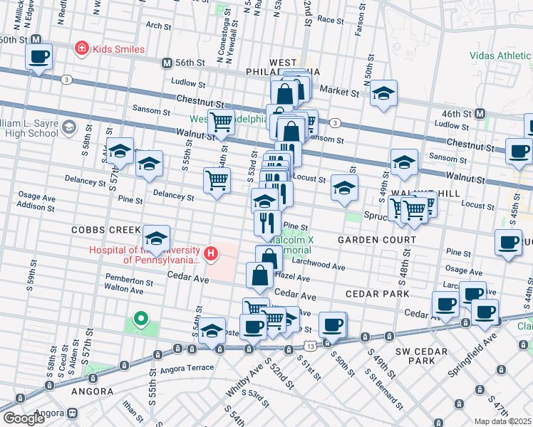 map of restaurants, bars, coffee shops, grocery stores, and more near 5224 Delancey Street in Philadelphia