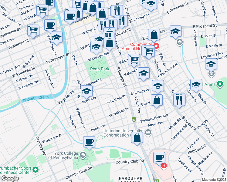 map of restaurants, bars, coffee shops, grocery stores, and more near 56 West Boundary Avenue in York