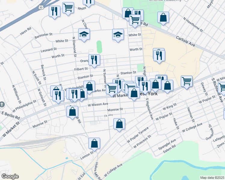 map of restaurants, bars, coffee shops, grocery stores, and more near 1621 West Clarke Avenue in West York