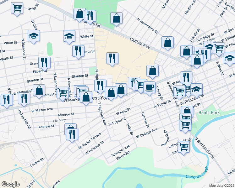 map of restaurants, bars, coffee shops, grocery stores, and more near 1265 West Market Street in West York