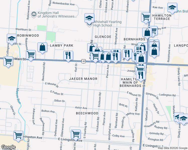 map of restaurants, bars, coffee shops, grocery stores, and more near 985 Elaine Road in Columbus