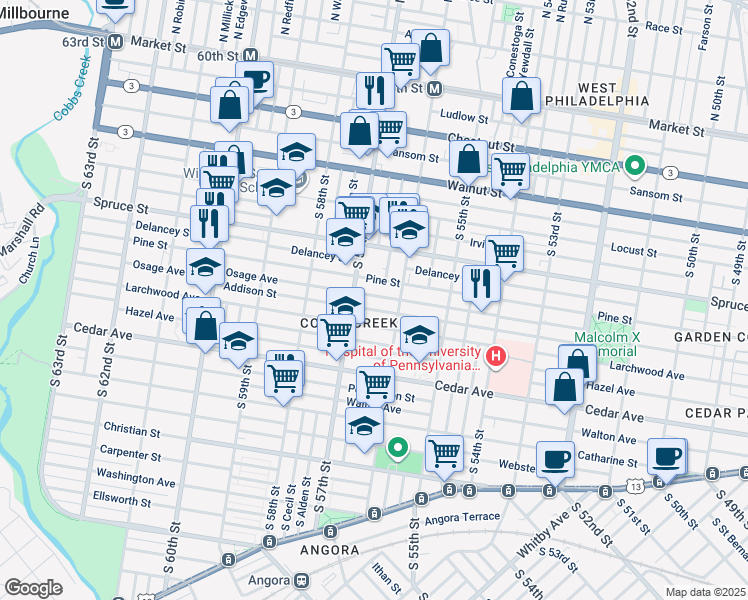 map of restaurants, bars, coffee shops, grocery stores, and more near 5634 Osage Avenue in Philadelphia
