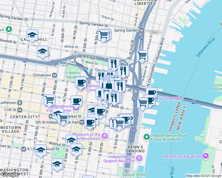 map of restaurants, bars, coffee shops, grocery stores, and more near Race Street in Philadelphia
