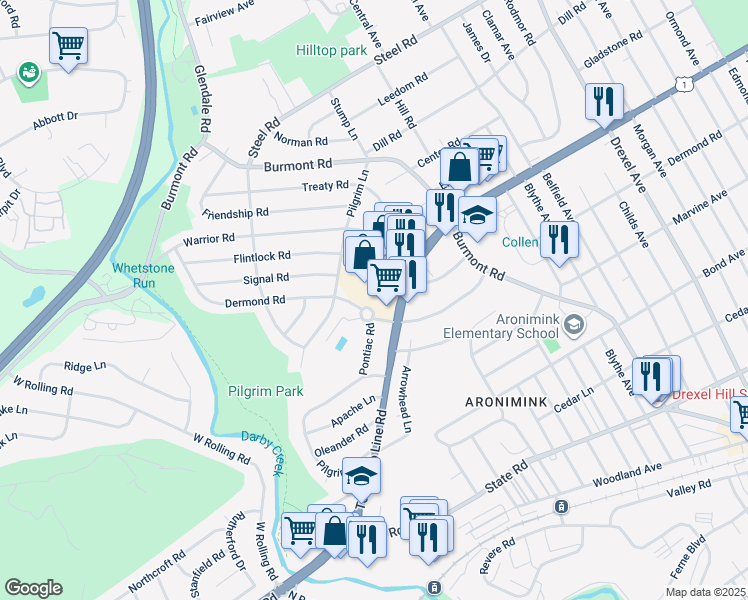 map of restaurants, bars, coffee shops, grocery stores, and more near 1062 Pontiac Rd in Drexel Hill