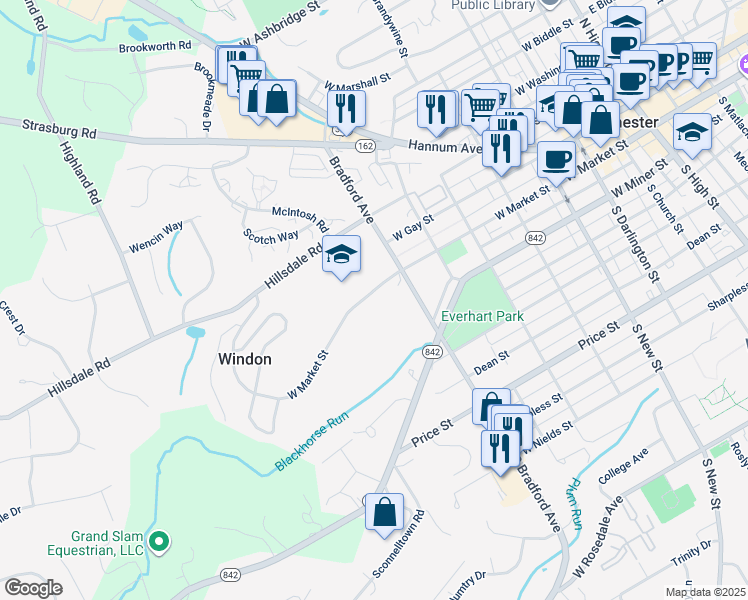 map of restaurants, bars, coffee shops, grocery stores, and more near 710 West Market Street in West Chester