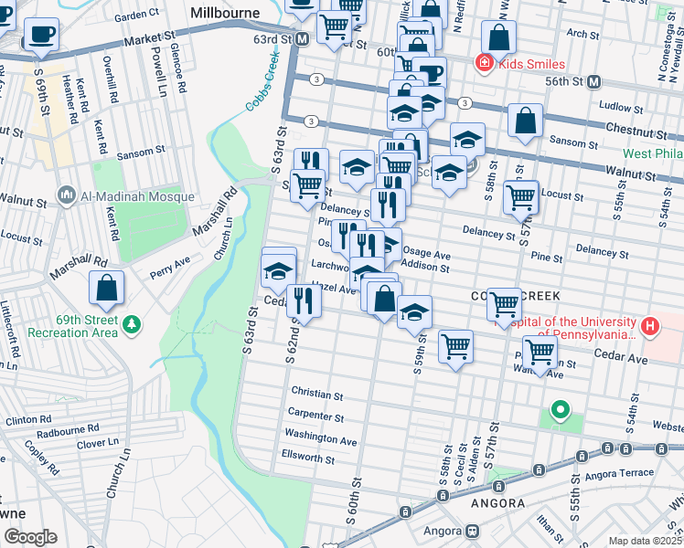 map of restaurants, bars, coffee shops, grocery stores, and more near 504 S 61st St in Philadelphia