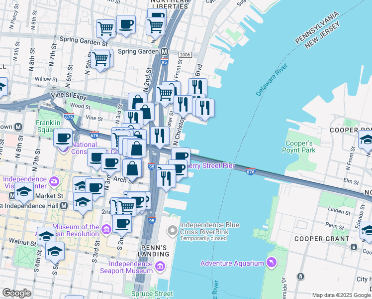 map of restaurants, bars, coffee shops, grocery stores, and more near 235 North Christopher Columbus Boulevard in Philadelphia