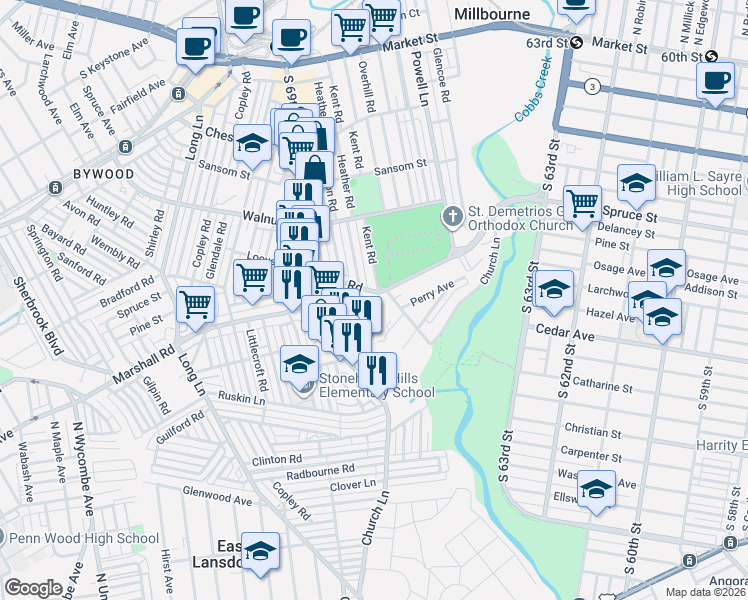 map of restaurants, bars, coffee shops, grocery stores, and more near 400 Kent Road in Delaware County