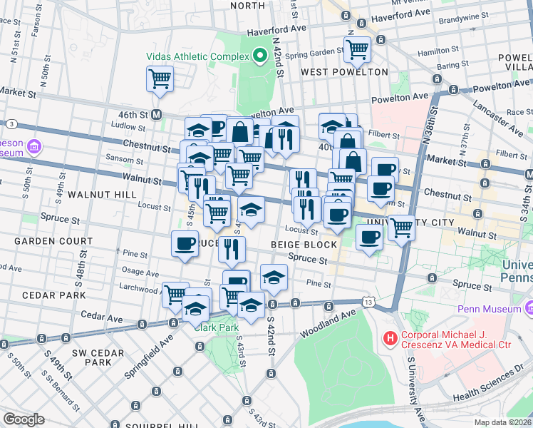 map of restaurants, bars, coffee shops, grocery stores, and more near 206 South 42nd Street in Philadelphia