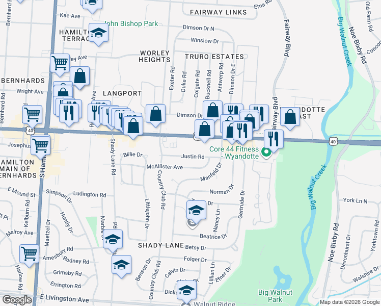 map of restaurants, bars, coffee shops, grocery stores, and more near 4974 Justin Road in Columbus