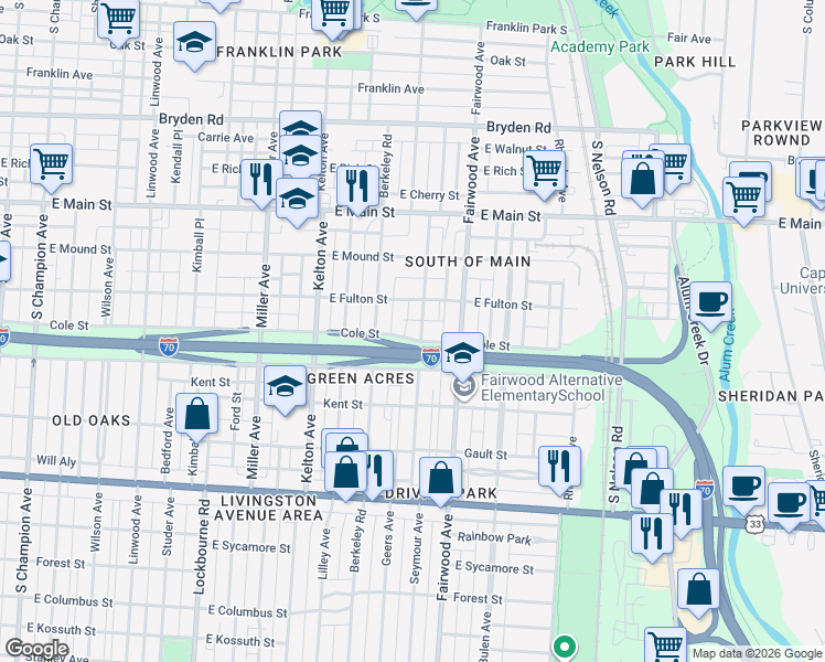 map of restaurants, bars, coffee shops, grocery stores, and more near 640 Seymour Avenue in Columbus