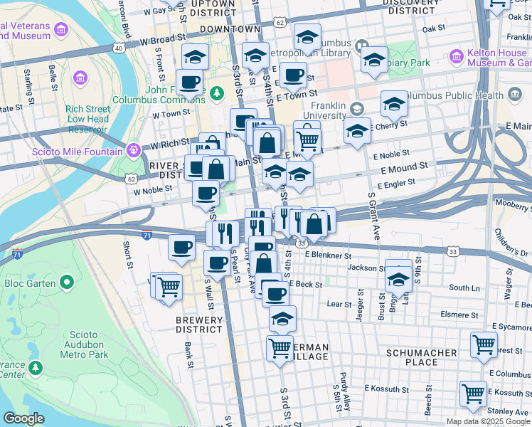 map of restaurants, bars, coffee shops, grocery stores, and more near 404 South 3rd Street in Columbus