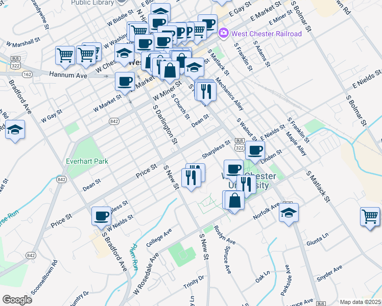 map of restaurants, bars, coffee shops, grocery stores, and more near 136 Juniper Alley in West Chester