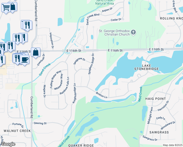map of restaurants, bars, coffee shops, grocery stores, and more near 11415 Spyglass Ridge Dr in Fishers