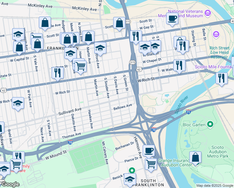 map of restaurants, bars, coffee shops, grocery stores, and more near 273 South Davis Avenue in Columbus