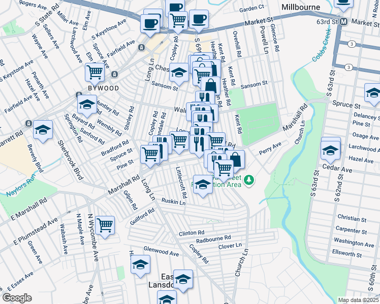 map of restaurants, bars, coffee shops, grocery stores, and more near 7012 Veronica Road in Upper Darby