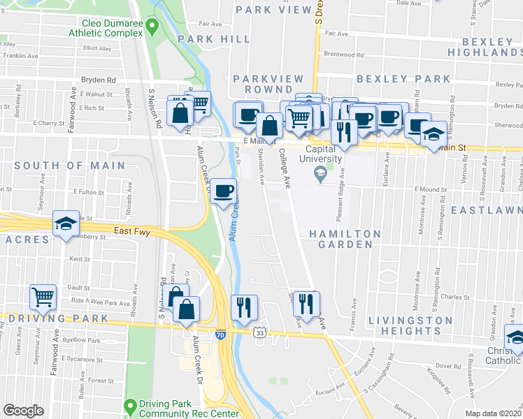 map of restaurants, bars, coffee shops, grocery stores, and more near 707 Sheridan Avenue in Columbus