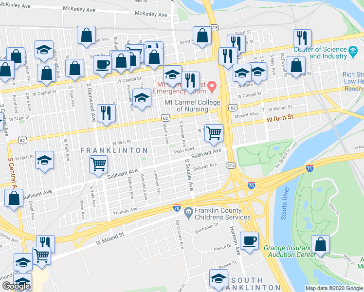 map of restaurants, bars, coffee shops, grocery stores, and more near 267 South Souder Avenue in Columbus