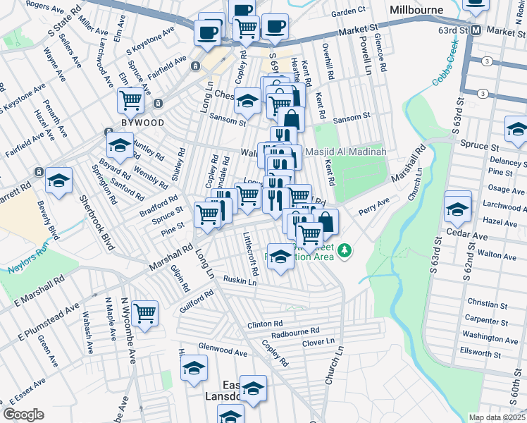 map of restaurants, bars, coffee shops, grocery stores, and more near 7012 Veronica Road in Delaware County