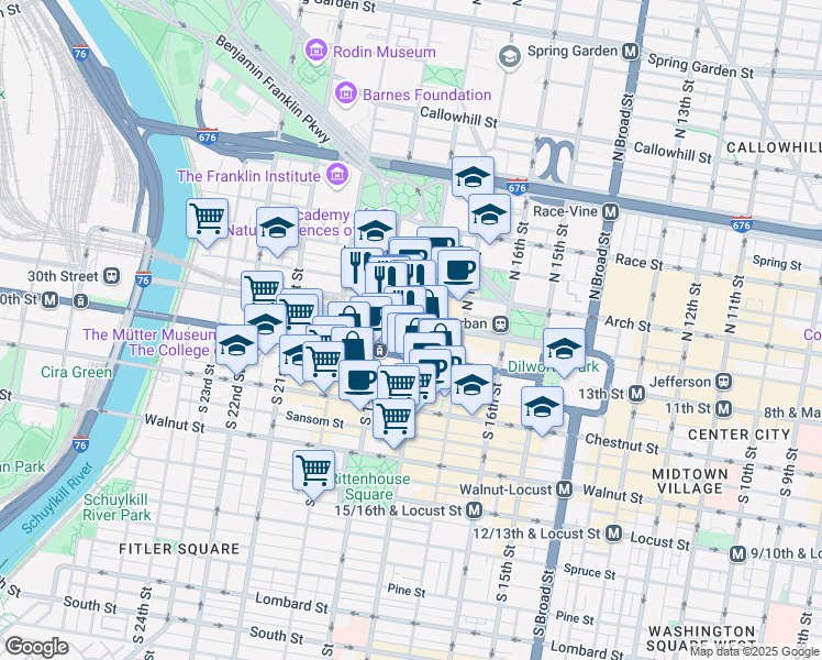 map of restaurants, bars, coffee shops, grocery stores, and more near 1835 Market Street in Philadelphia